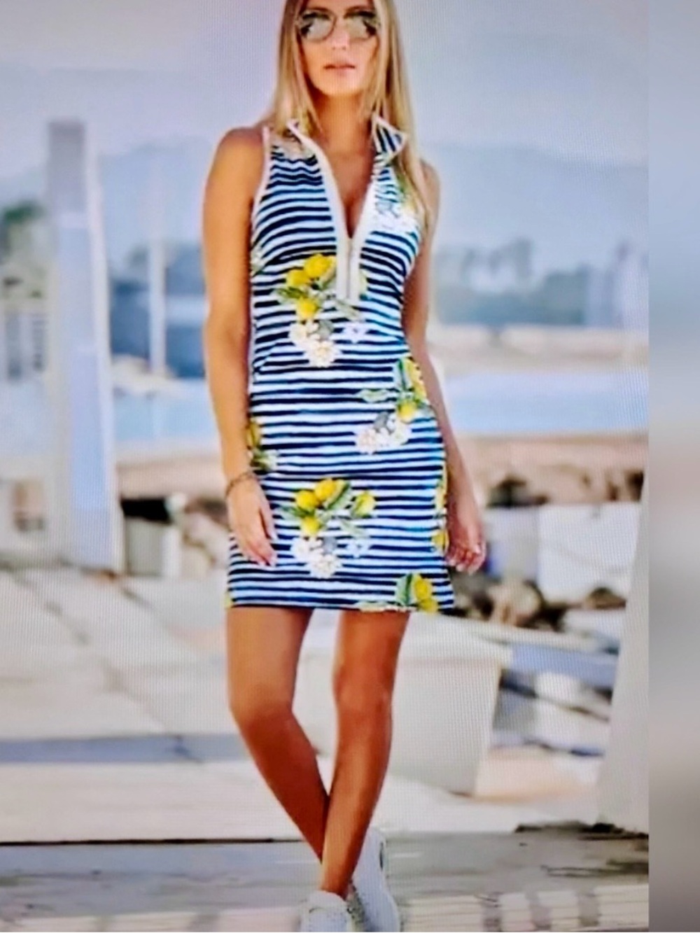 New Boston Proper nautical striped lemon print gold zipper dress XS
